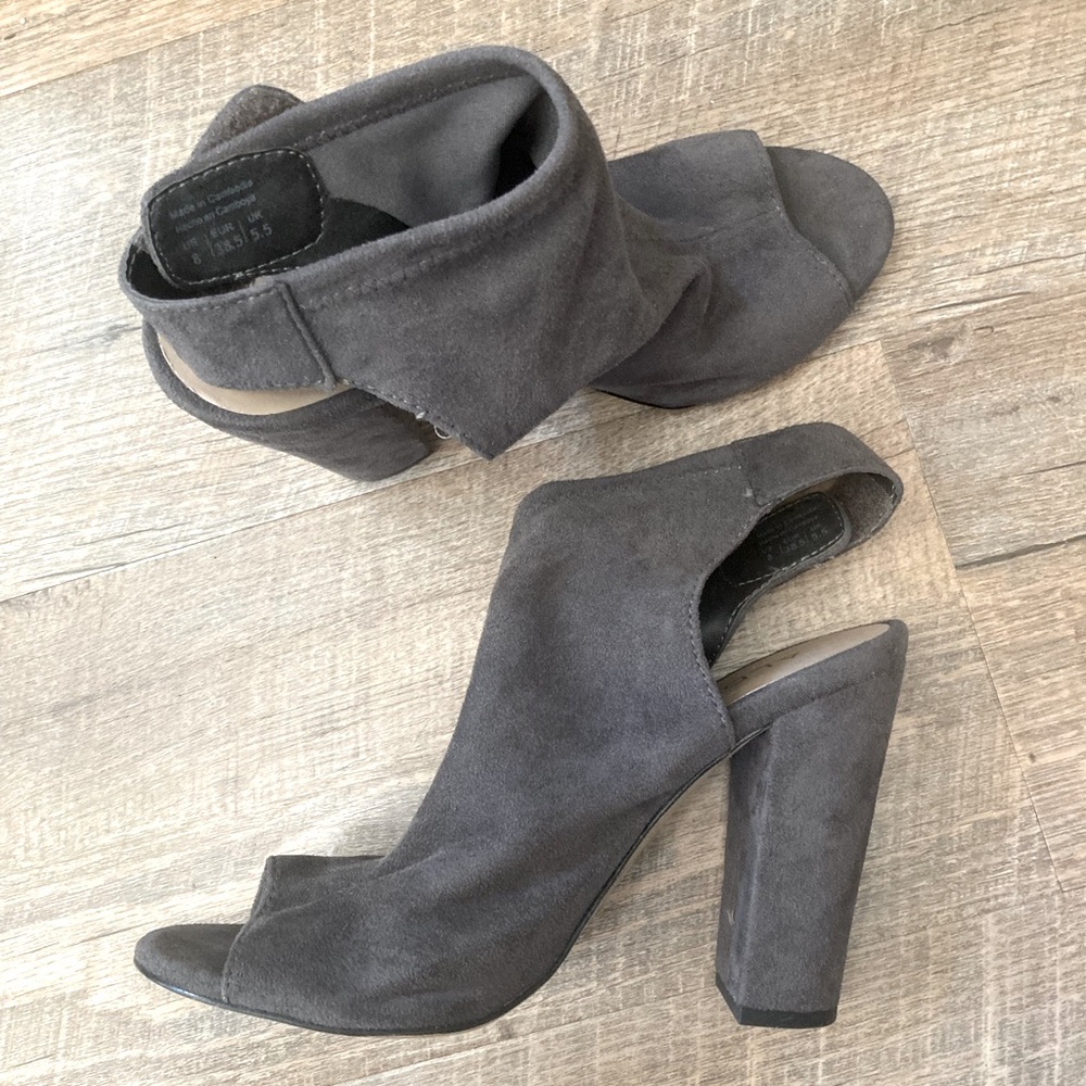ALDO | Grey Suede Peep Toe Ankle Wrap Chunky Boot Heels